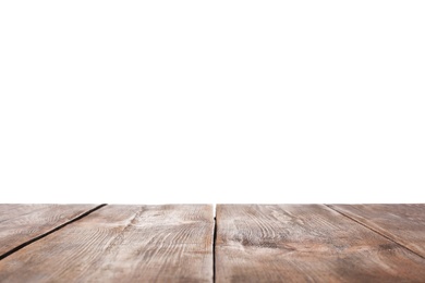 Photo of Empty wooden surface against white background. Mockup for design