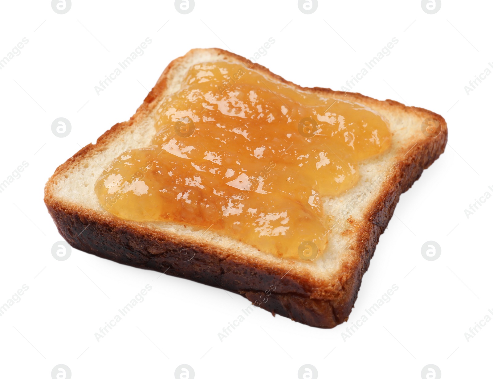 Photo of Piece of fresh toast bread with tasty jam isolated on white