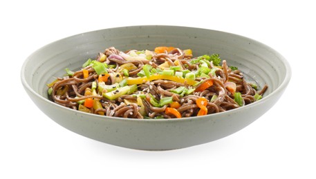 Photo of Stir-fry. Delicious cooked noodles with chicken and vegetables in bowl isolated on white