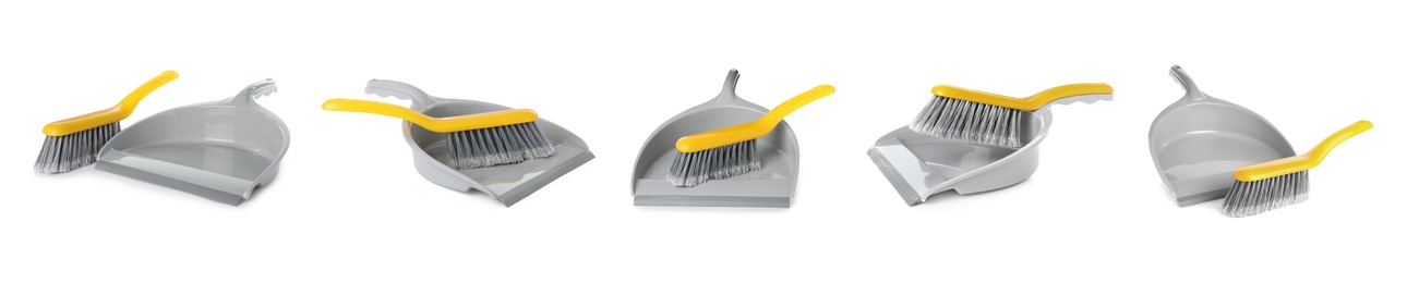 Image of Set with plastic hand brooms and dustpans on white background. Banner design