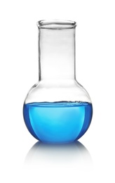 Flask with liquid on table against white background. Laboratory analysis