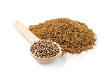 Photo of Heap of aromatic caraway (Persian cumin) powder and wooden spoon of seeds isolated on white