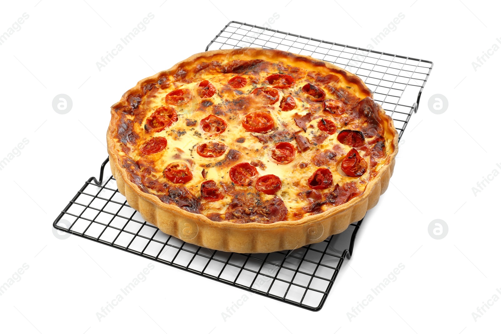 Photo of Delicious homemade quiche with prosciutto and tomatoes isolated on white