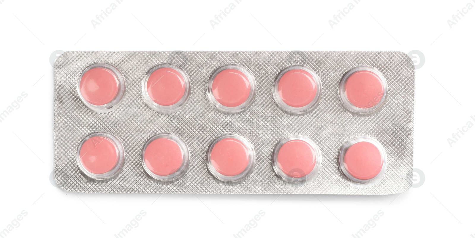 Photo of Pills in blister pack on white background, top view. Medical treatment