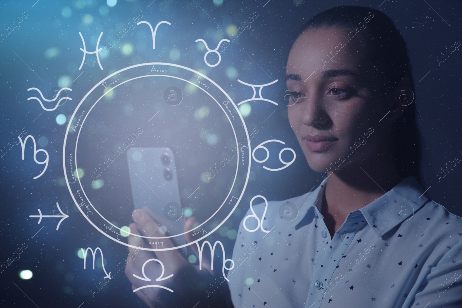 Image of Young woman with smartphone reading daily horoscope. Double exposure