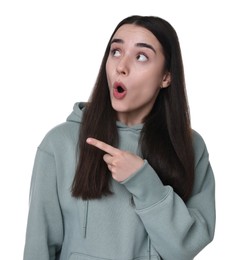 Portrait of surprised young woman on white background