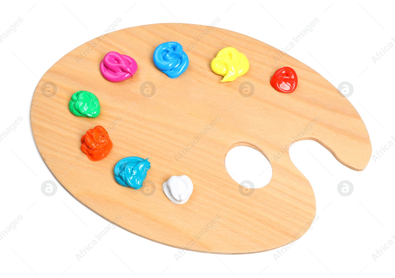 Photo of Palette with paints on white background, top view. Artist equipment