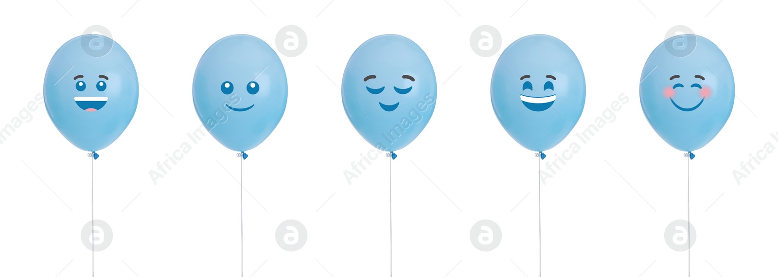 Image of Set of balloons with different emoticons on white background. Banner design