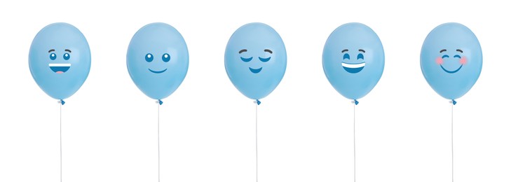 Set of balloons with different emoticons on white background. Banner design