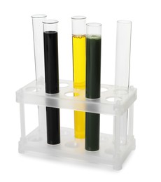 Photo of Test tubes with different types of crude oil isolated on white