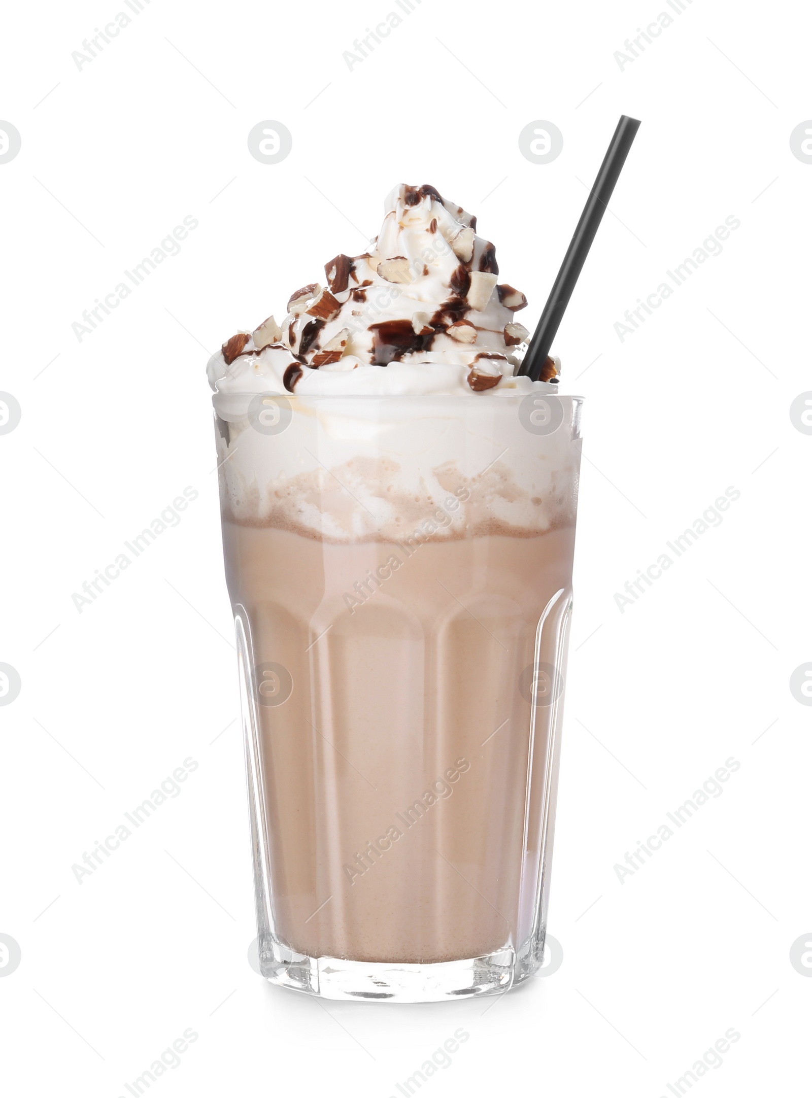 Photo of Glass with delicious milk shake on white background