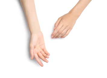 Woman on white background, top view. Closeup of hands