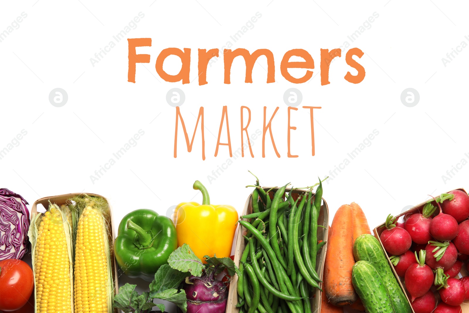 Image of Assortment of fresh vegetables on white background, top view. Farmers market