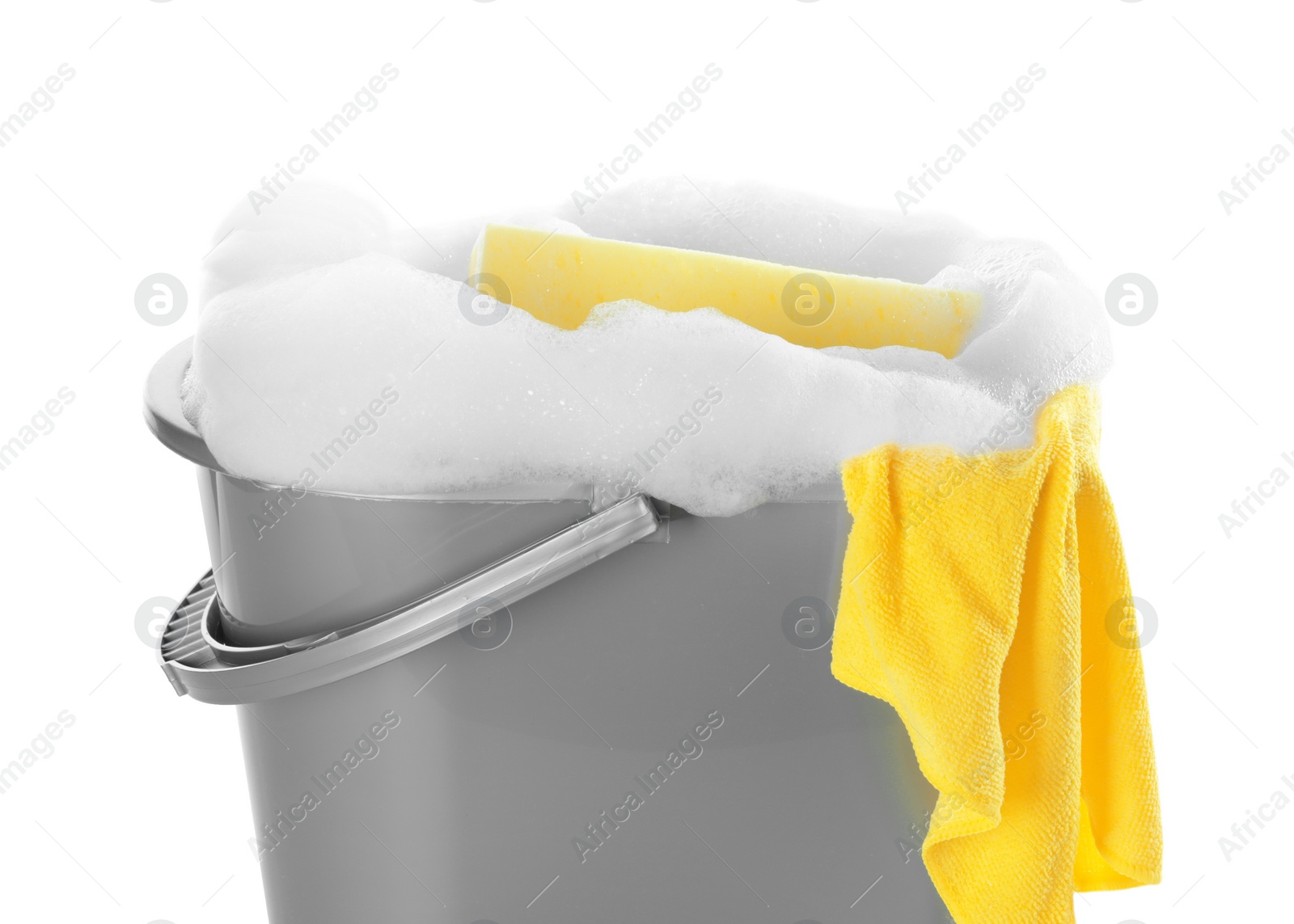 Photo of Plastic bucket with foam and sponge isolated on white. Cleaning supplies