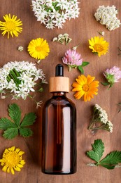 Bottle of essential oil and different wildflowers on wooden table, flat lay
