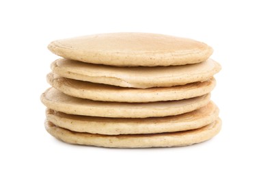 Photo of Many tasty oatmeal pancakes on white background