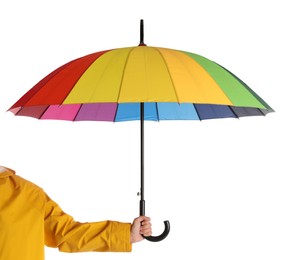 Photo of Woman with open bright umbrella on white background, closeup