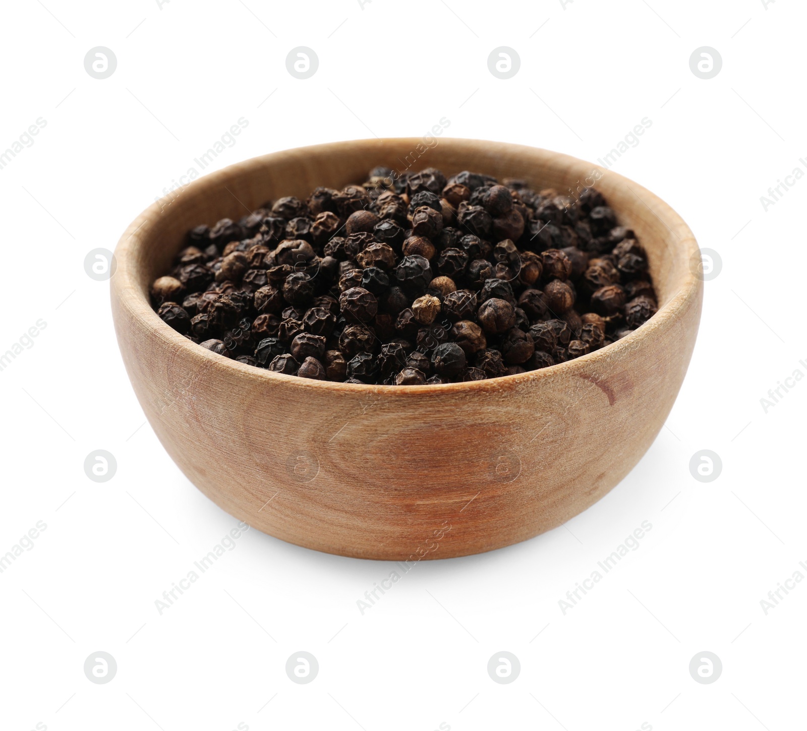 Photo of Aromatic spice. Many black peppercorns in bowl isolated on white