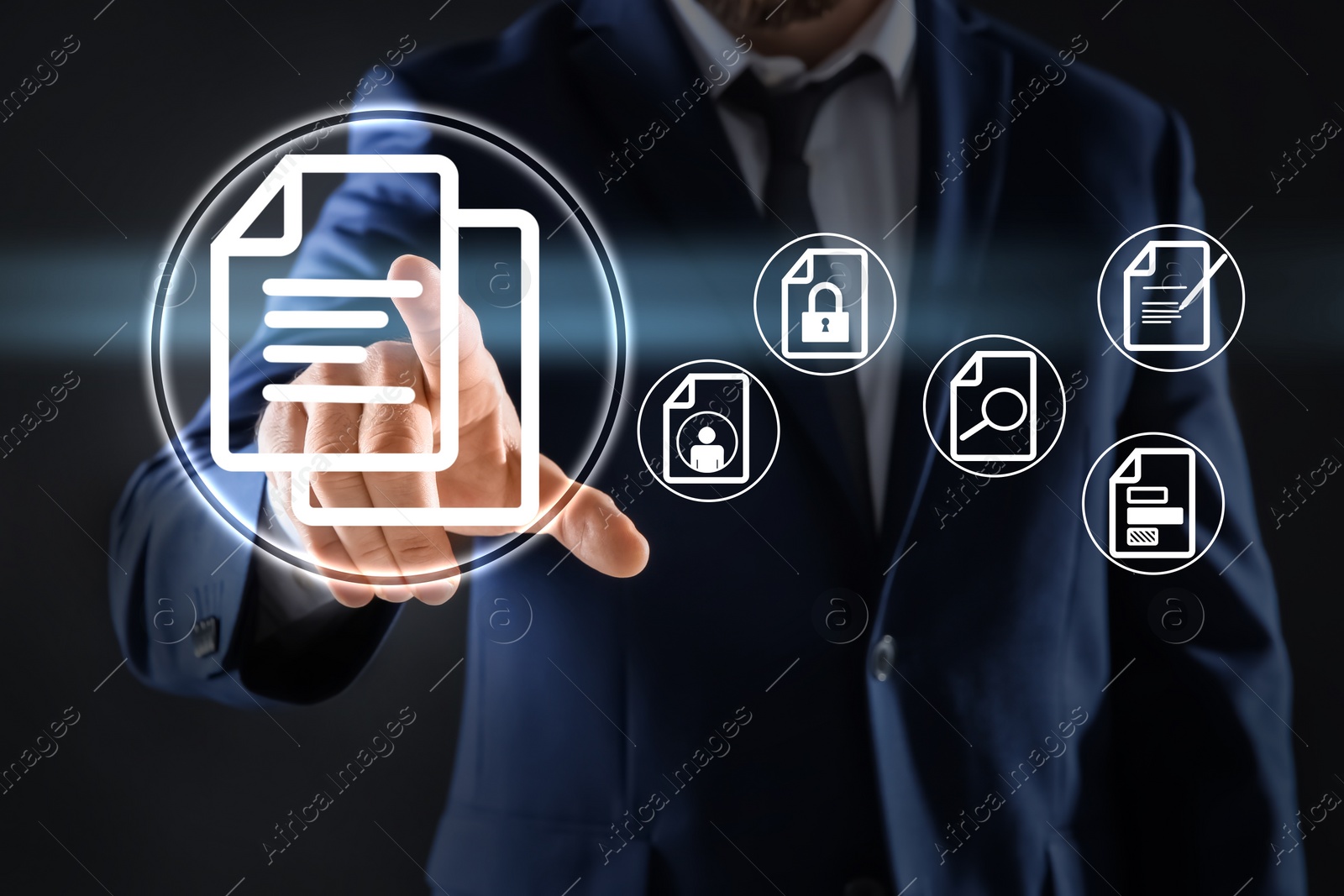 Image of Man pointing at document icon on virtual screen, closeup