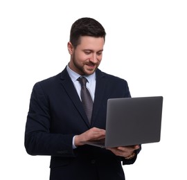 Photo of Handsome bearded businessman in suit with laptop on white background