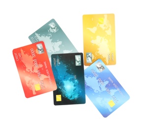 Photo of Different plastic credit cards on white background