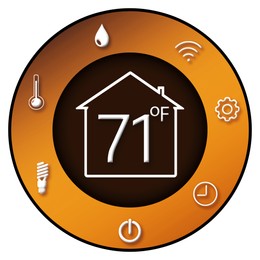 Illustration of Smart home system. Thermostat display showing ambient temperature in Fahrenheit scale and different icons on white background