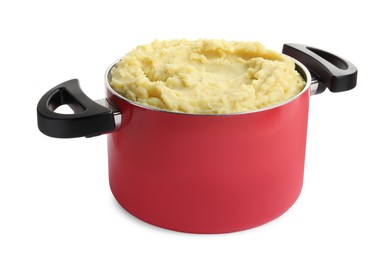 Photo of Red pot with tasty mashed potatoes isolated on white