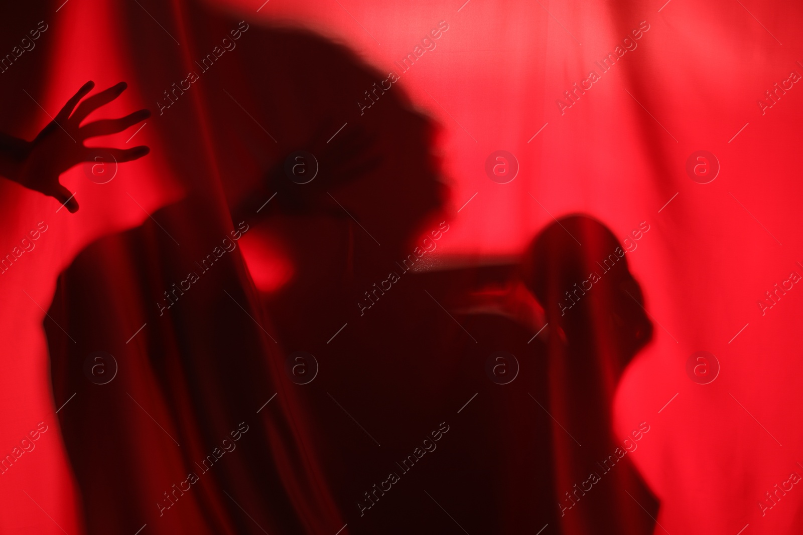 Photo of Silhouette of creepy ghost with skull behind red cloth