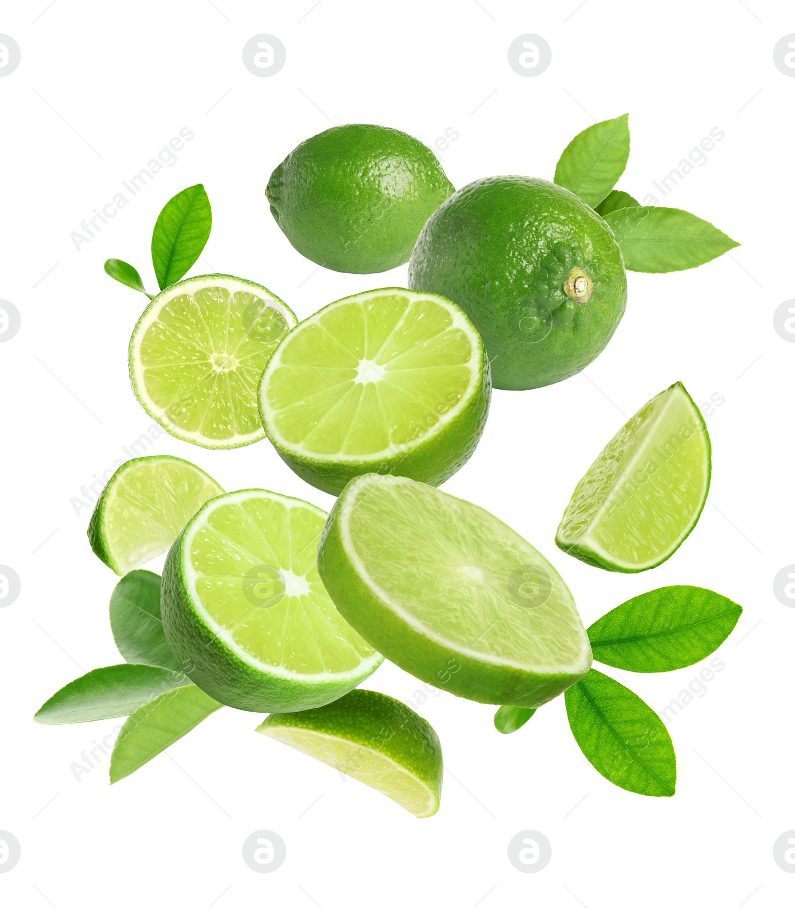 Image of Fresh lime fruits and green leaves falling on white background