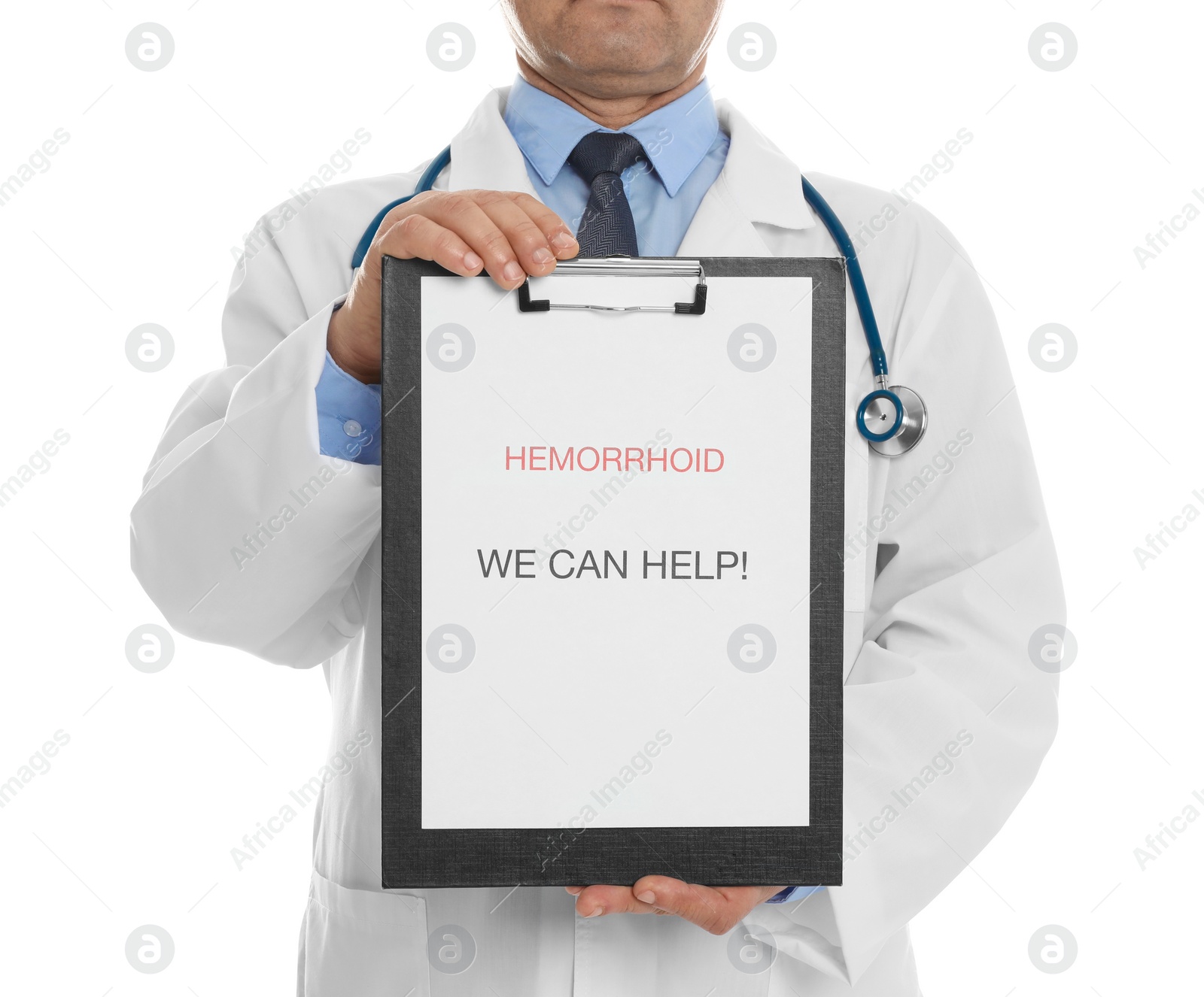 Photo of Doctor holding clipboard with words HEMORRHOID WE CAN HELP on white background, closeup