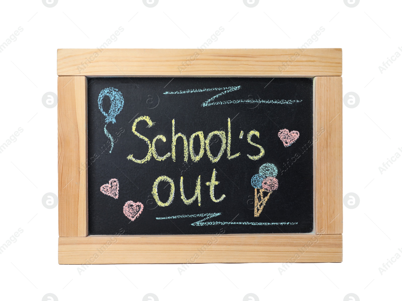 Photo of Blackboard with words School's Out and pictures isolated on white. Summer holidays