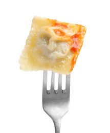 Photo of Fork with tasty ravioli isolated on white