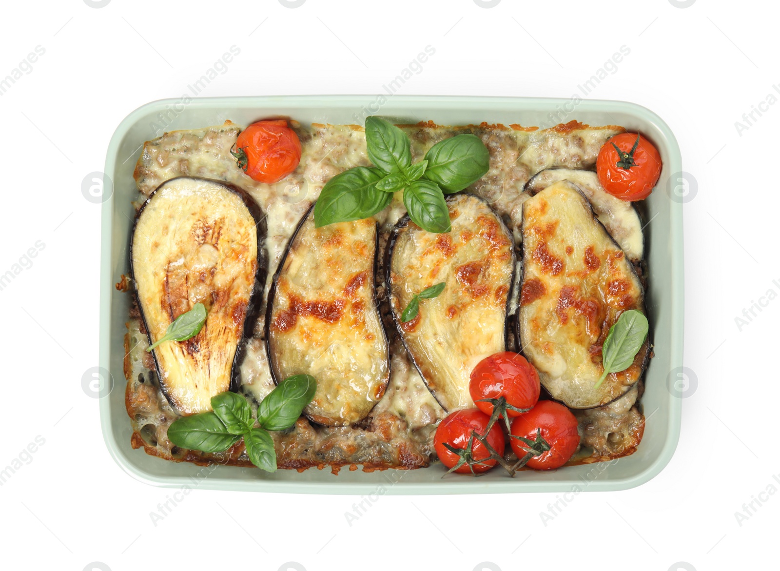 Photo of Delicious eggplant lasagna in baking dish isolated on white, top view