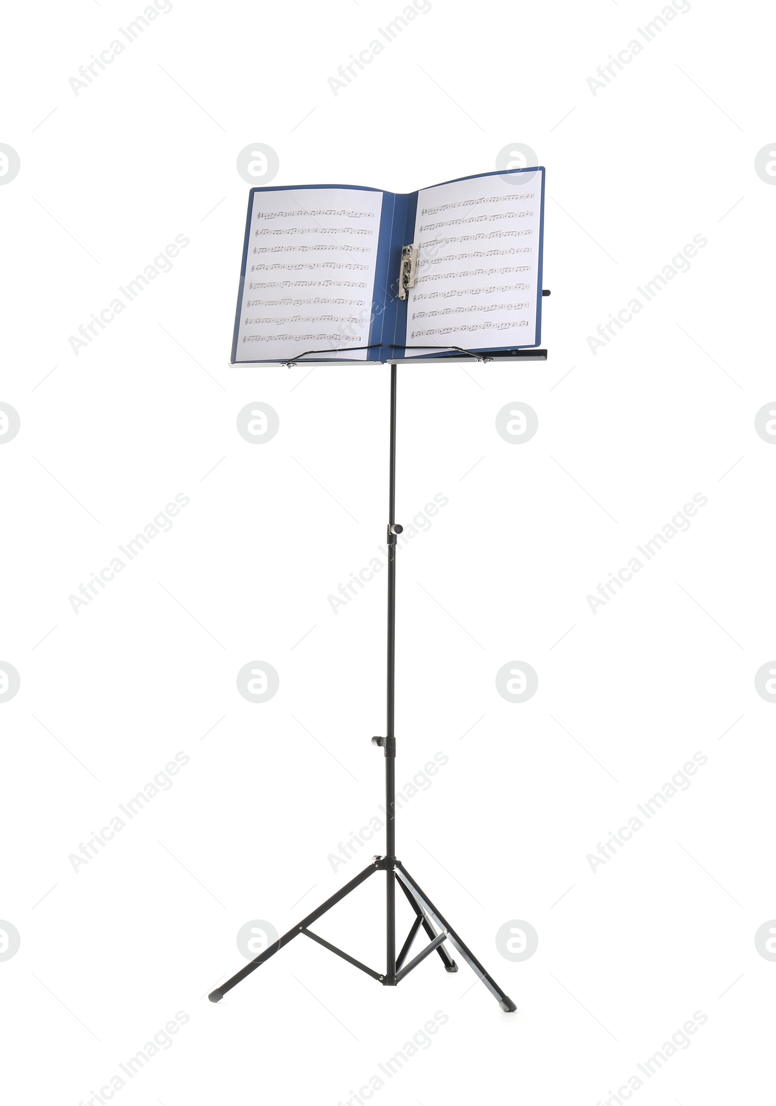 Photo of Note stand with music sheets on white background