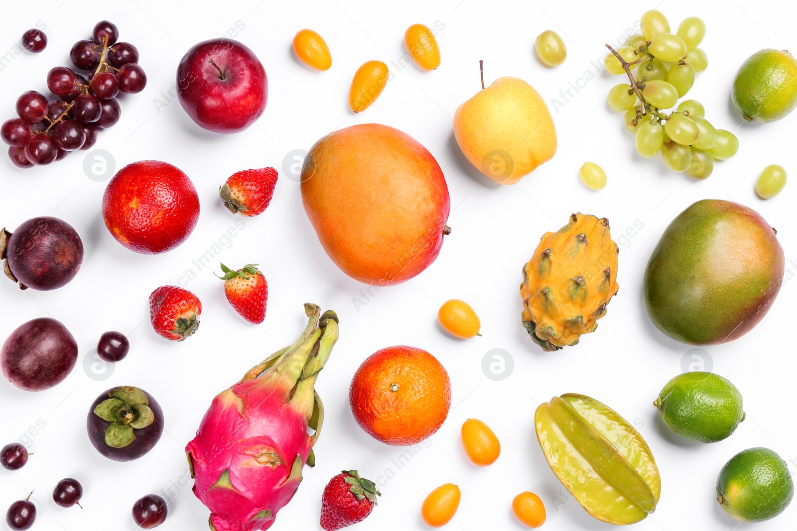 Photo of Many different delicious exotic fruits on white background, flat lay