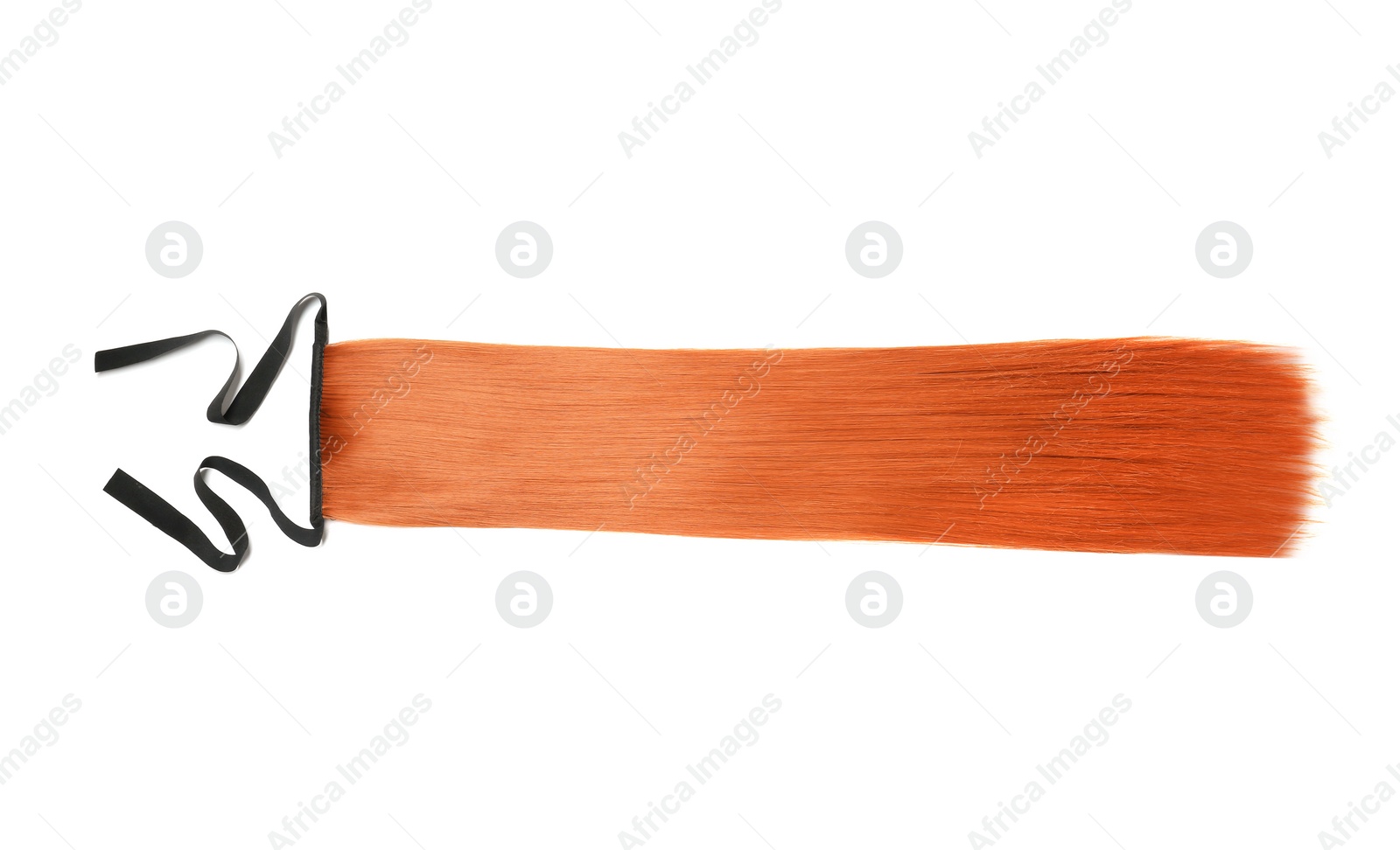 Photo of Lock of straight red hair on white background, top view