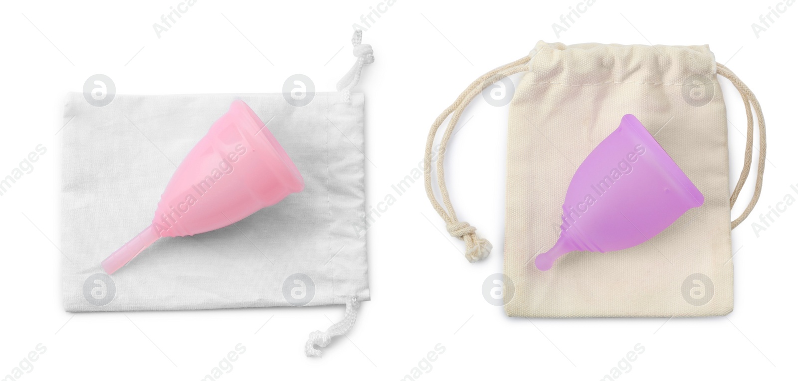 Image of Menstrual cups and cotton bags on white background, top view. Banner design