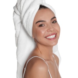 Photo of Beautiful young woman with towel on head against white background