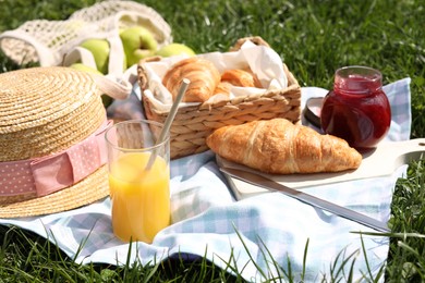 Blanket with juice, jam and croissants for picnic on green grass