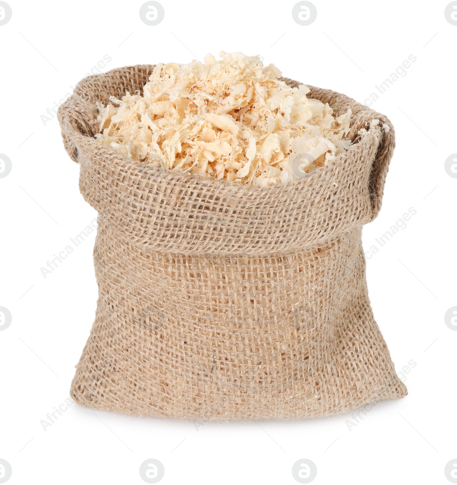 Photo of Natural sawdust in burlap sack isolated on white