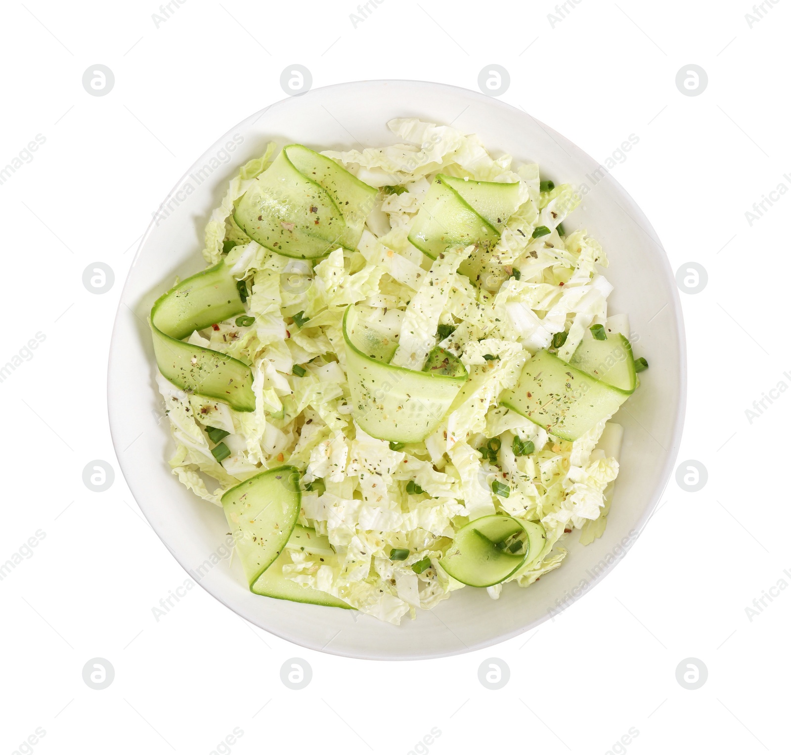 Photo of Tasty salad with Chinese cabbage, cucumber and green onion in bowl isolated on white, top view