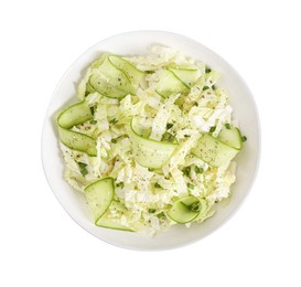 Tasty salad with Chinese cabbage, cucumber and green onion in bowl isolated on white, top view