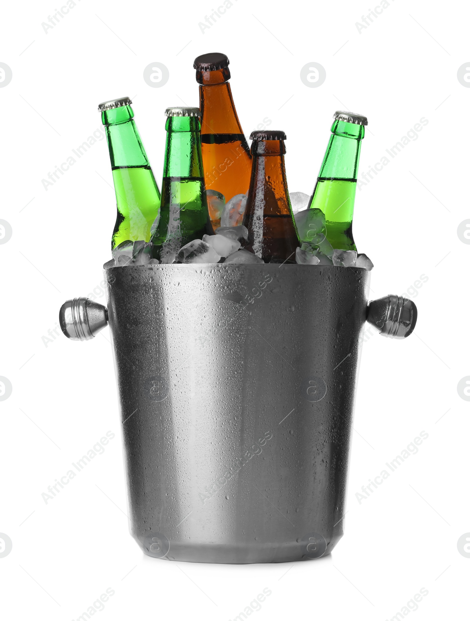 Photo of Metal bucket with bottles of beer and ice cubes isolated on white