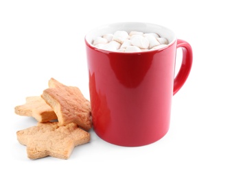 Photo of Cup of tasty cocoa with marshmallows and cookies on white background