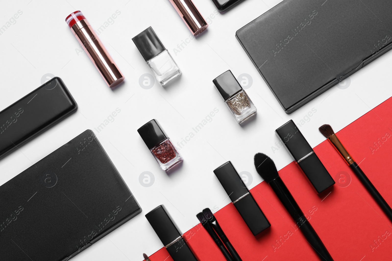 Photo of Flat lay composition with different makeup products on color background