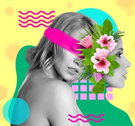 Young woman with paint stroke on eyes, bright creative background. Stylish collage design