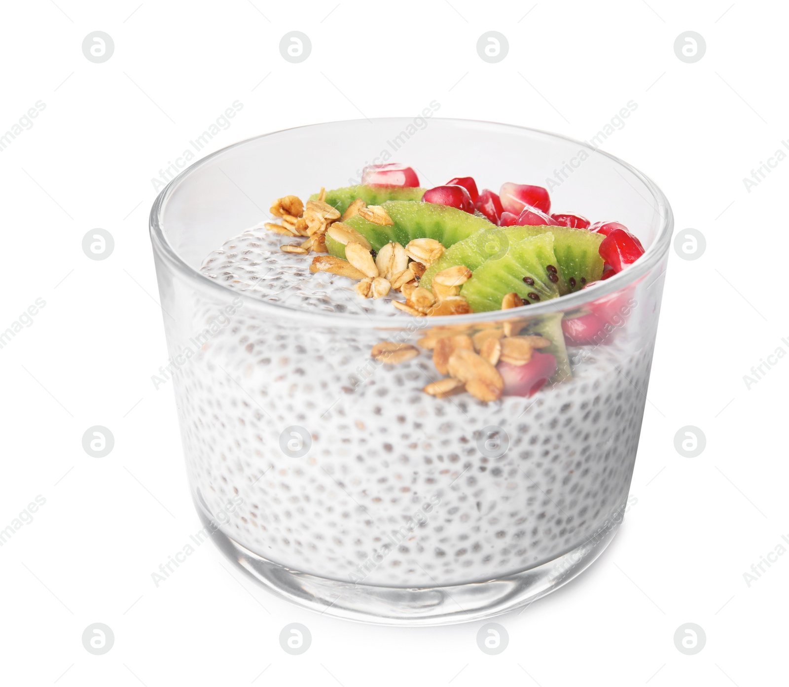 Photo of Dessert bowl of tasty chia seed pudding with granola isolated on white