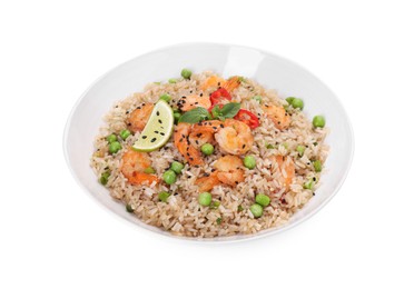 Photo of Tasty rice with shrimps and vegetables in bowl isolated on white