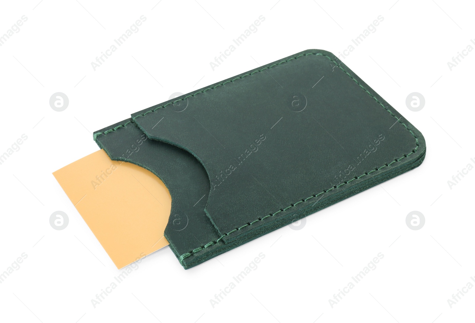 Photo of Leather business card holder with card isolated on white