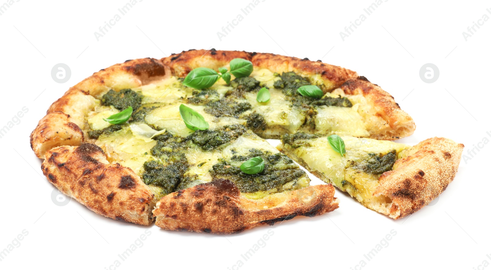 Photo of Delicious pizza with pesto, cheese and basil on white background